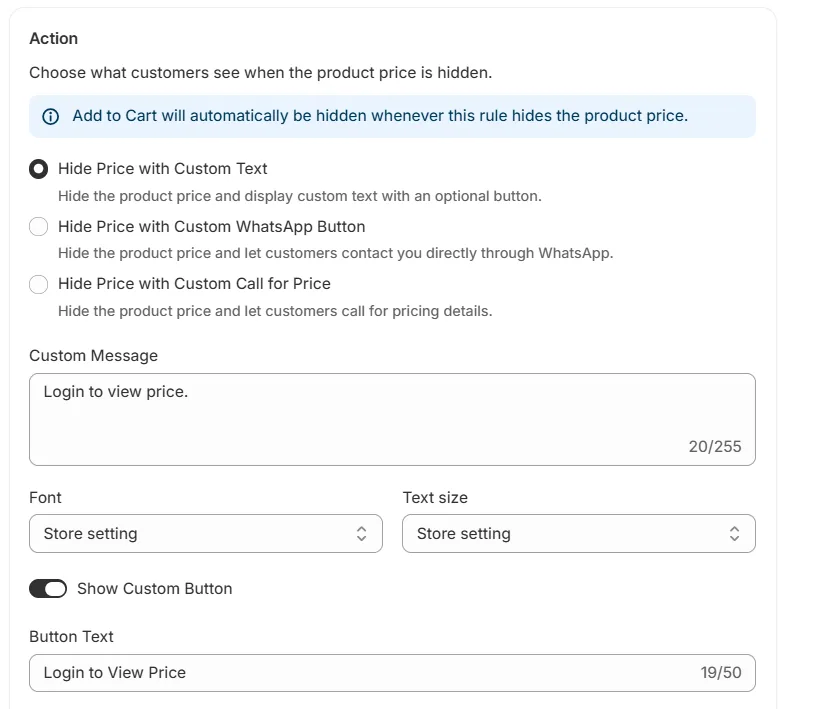 hide price nad replace with custom button
