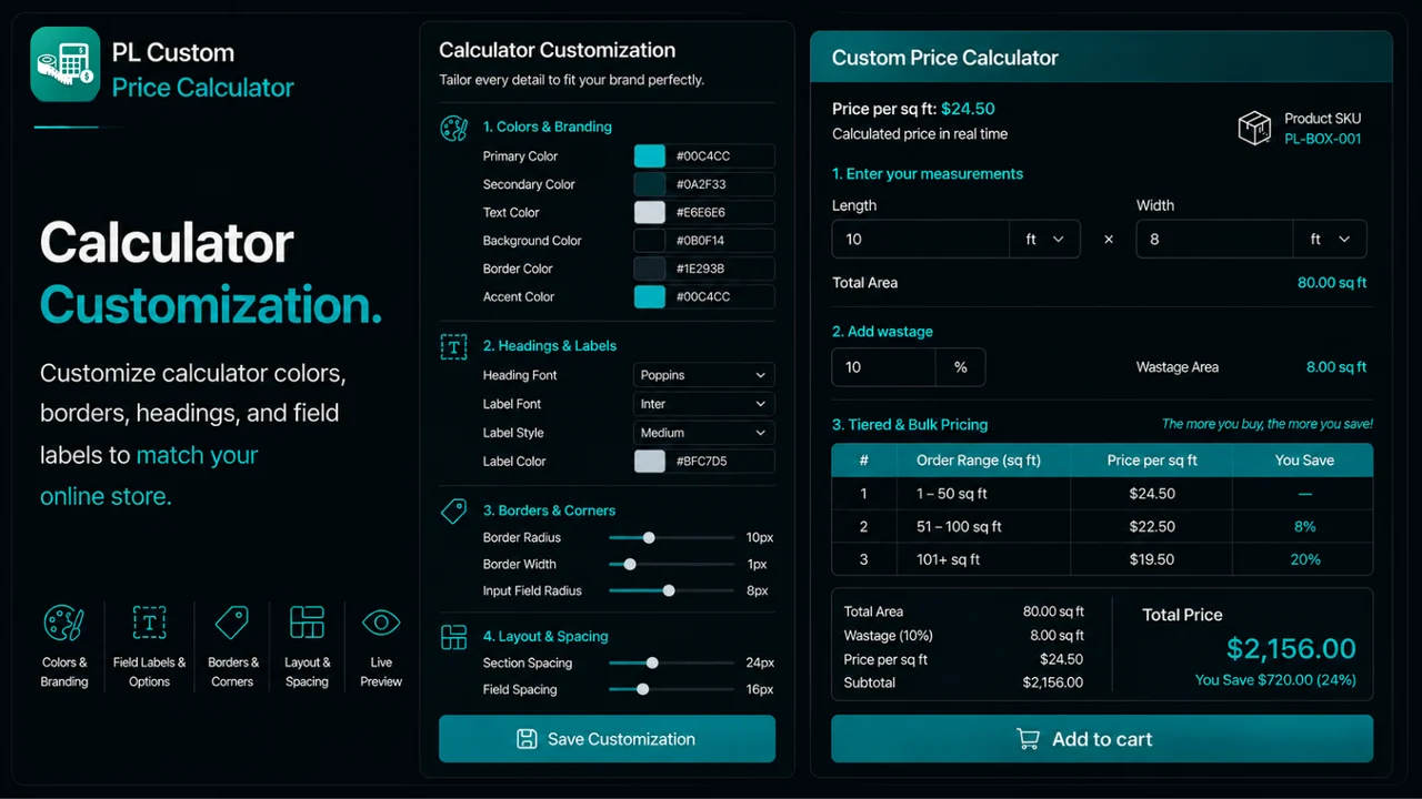 Customize calculator colors, borders, and labels