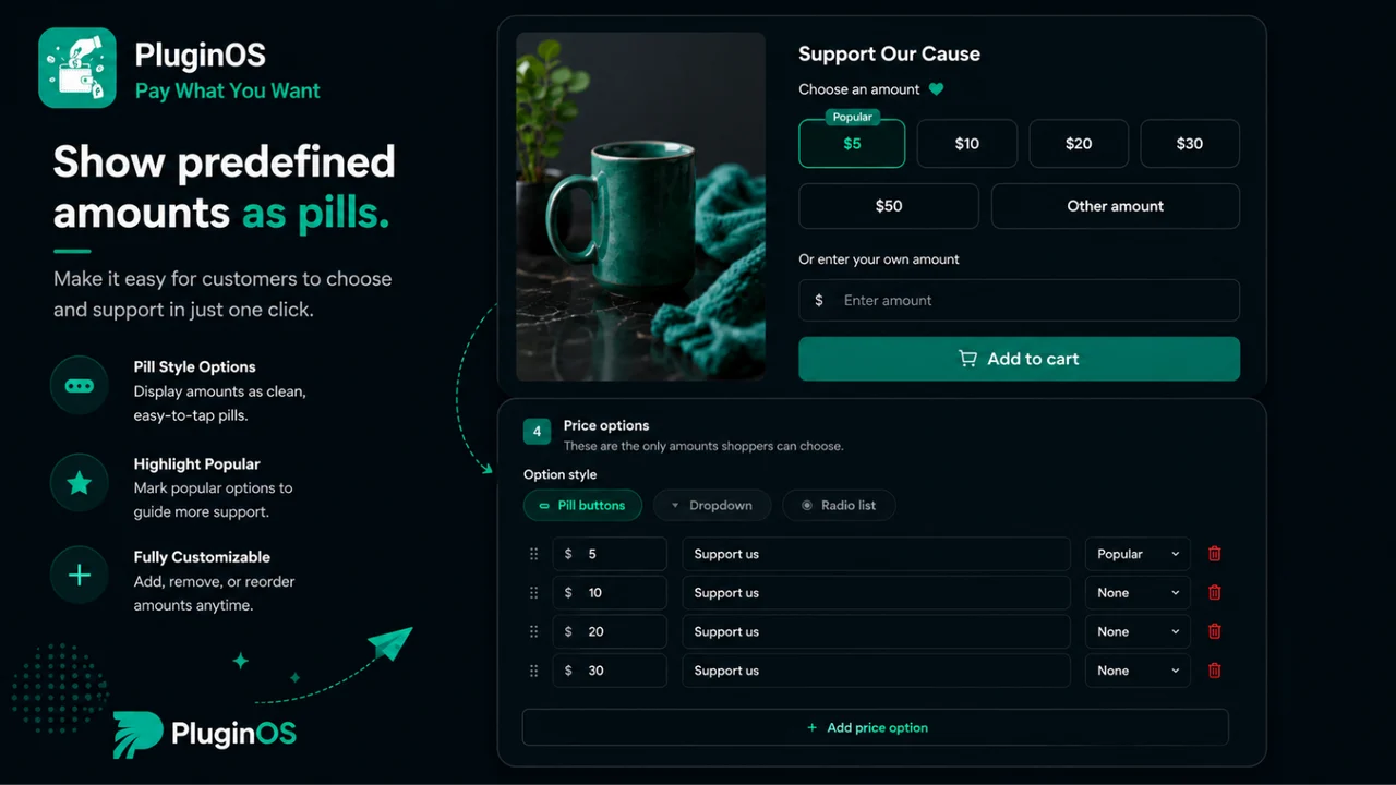 Pay What You Want values displayed as selectable pills